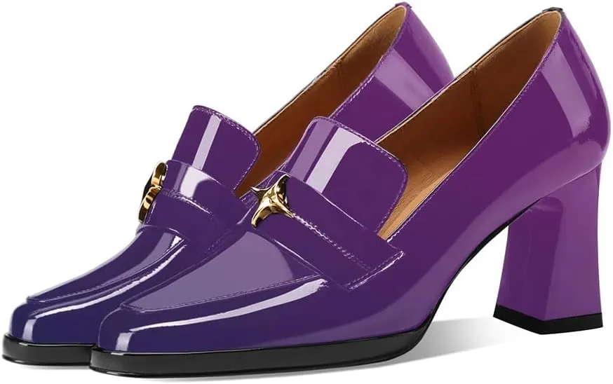 sarawill Women's Chunky High Heel Loafers Closed Square Toe Block Heel Pumps with Metal Buckle Comfortable Slip-On Business Work Dress Shoes