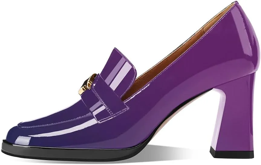 sarawill Women's Chunky High Heel Loafers Closed Square Toe Block Heel Pumps with Metal Buckle Comfortable Slip-On Business Work Dress Shoes