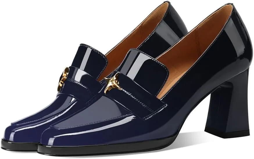 sarawill Women's Chunky High Heel Loafers Closed Square Toe Block Heel Pumps with Metal Buckle Comfortable Slip-On Business Work Dress Shoes