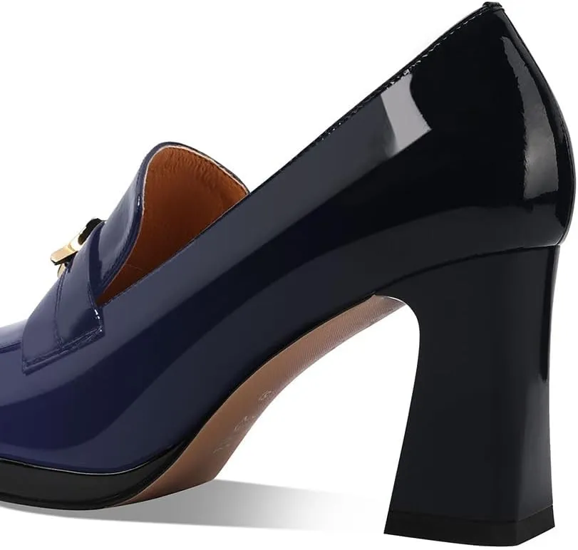 sarawill Women's Chunky High Heel Loafers Closed Square Toe Block Heel Pumps with Metal Buckle Comfortable Slip-On Business Work Dress Shoes