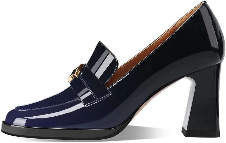 sarawill Women's Chunky High Heel Loafers Closed Square Toe Block Heel Pumps with Metal Buckle Comfortable Slip-On Business Work Dress Shoes