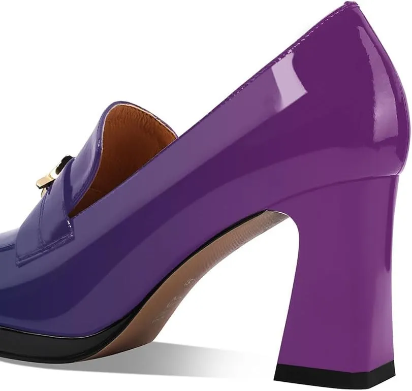 sarawill Women's Chunky High Heel Loafers Closed Square Toe Block Heel Pumps with Metal Buckle Comfortable Slip-On Business Work Dress Shoes