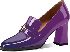 sarawill Women's Chunky High Heel Loafers Closed Square Toe Block Heel Pumps with Metal Buckle Comfortable Slip-On Business Work Dress Shoes