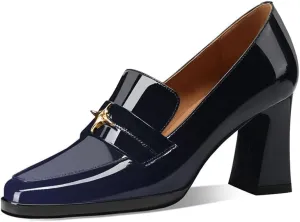 sarawill Women's Chunky High Heel Loafers Closed Square Toe Block Heel Pumps with Metal Buckle Comfortable Slip-On Business Work Dress Shoes