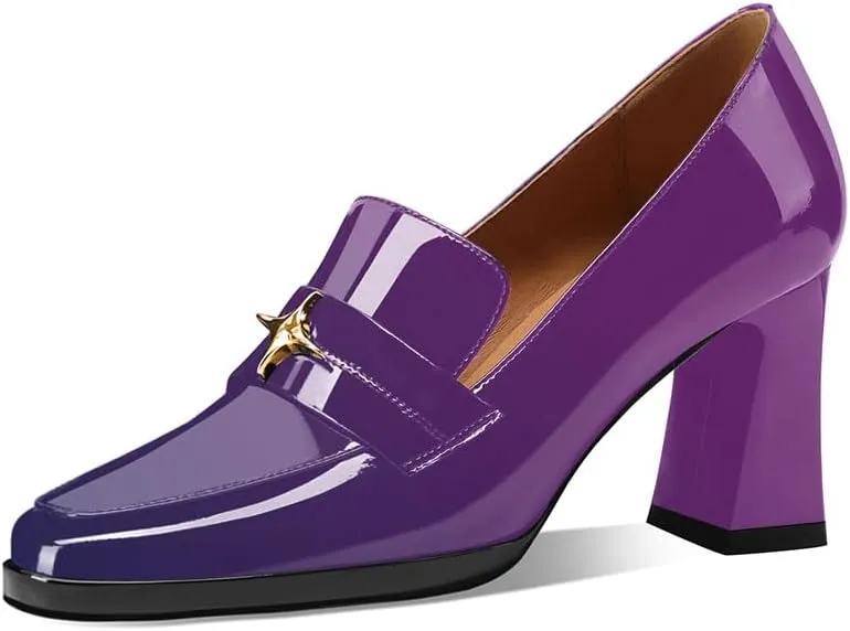 sarawill Women's Chunky High Heel Loafers Closed Square Toe Block Heel Pumps with Metal Buckle Comfortable Slip-On Business Work Dress Shoes