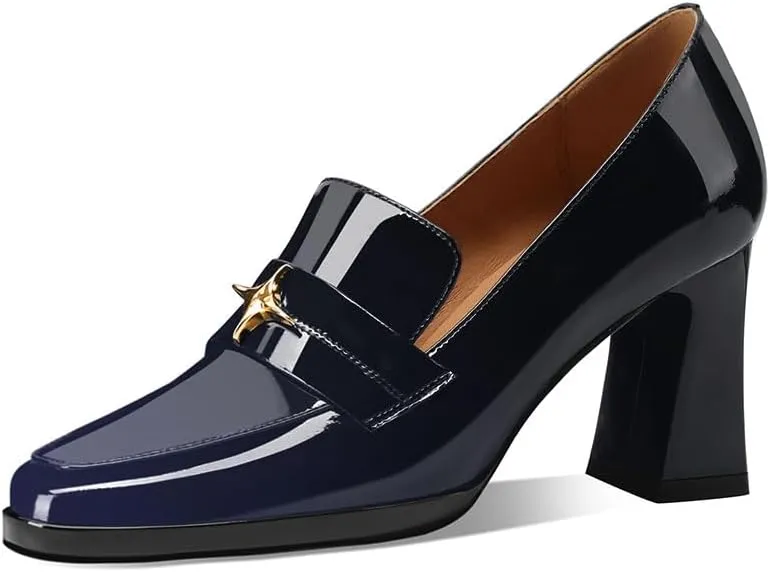 sarawill Women's Chunky High Heel Loafers Closed Square Toe Block Heel Pumps with Metal Buckle Comfortable Slip-On Business Work Dress Shoes