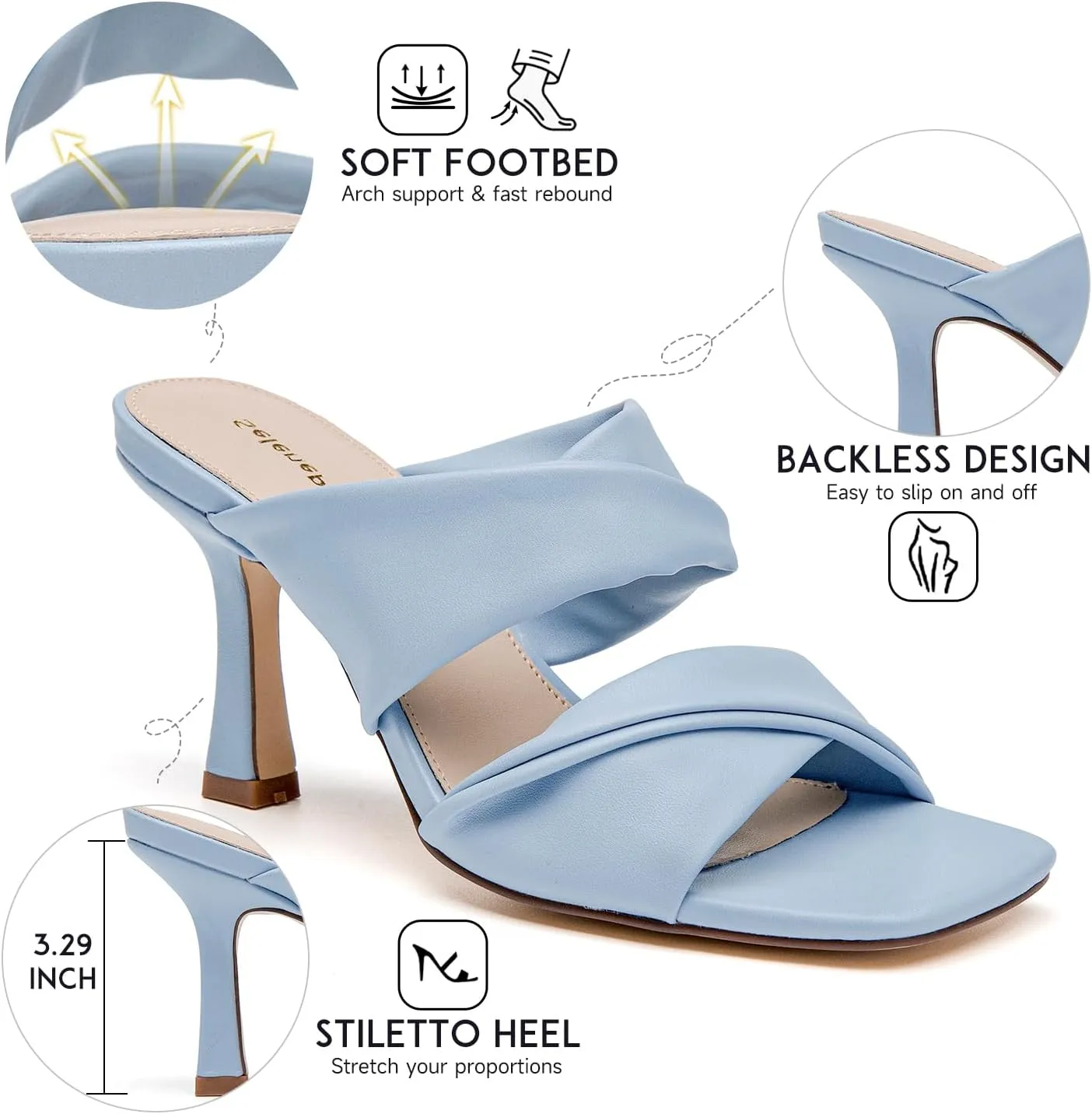 SelenePair Women's Square Open Toe High Heeled Sandals Fashion Stiletto Heel Pumps Backless Peep Toe Slip-on Dress Shoes