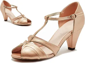 SHODENSE Women Round Open Toe Heeled Sandals Ankle T-Strap Kitten Heel Pumps Cut Out 2" Low Chunky Heel Sandal Shoes Dressy Strappy Buckle Mary Jane Heels Retro Elegant Wedding 4-11 M US