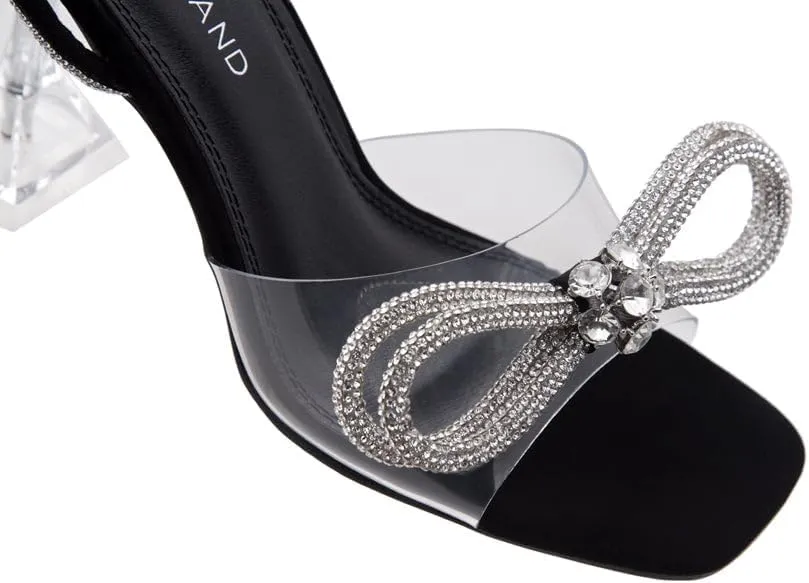 Shoe Land SL-NAOMI Women's Double Bowknots Crystal Sandals, Clear Slingback Heels with Square Open Toe – Dressy Rhinestone High Heels for Party Wedding and Prom