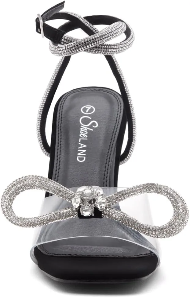 Shoe Land SL-NAOMI Women's Double Bowknots Crystal Sandals, Clear Slingback Heels with Square Open Toe – Dressy Rhinestone High Heels for Party Wedding and Prom