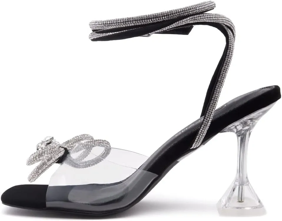 Shoe Land SL-NAOMI Women's Double Bowknots Crystal Sandals, Clear Slingback Heels with Square Open Toe – Dressy Rhinestone High Heels for Party Wedding and Prom