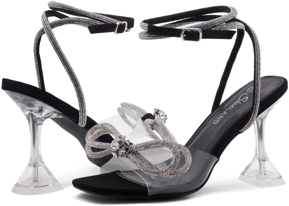 Shoe Land SL-NAOMI Women's Double Bowknots Crystal Sandals, Clear Slingback Heels with Square Open Toe – Dressy Rhinestone High Heels for Party Wedding and Prom