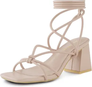 Shoe'N Tale Lace Up Heels for Women Ankle Strappy Gladiator High Heeled Sandals Chunky Block Heel Square Open Toe Criss Cross Dress Shoes