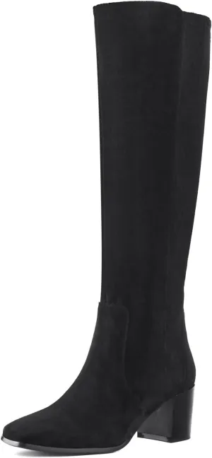 Shoe'N Tale Women's Knee High Boots Square Toe Tall Boots Mid Chunky Block Heeled Boots Side Zipper