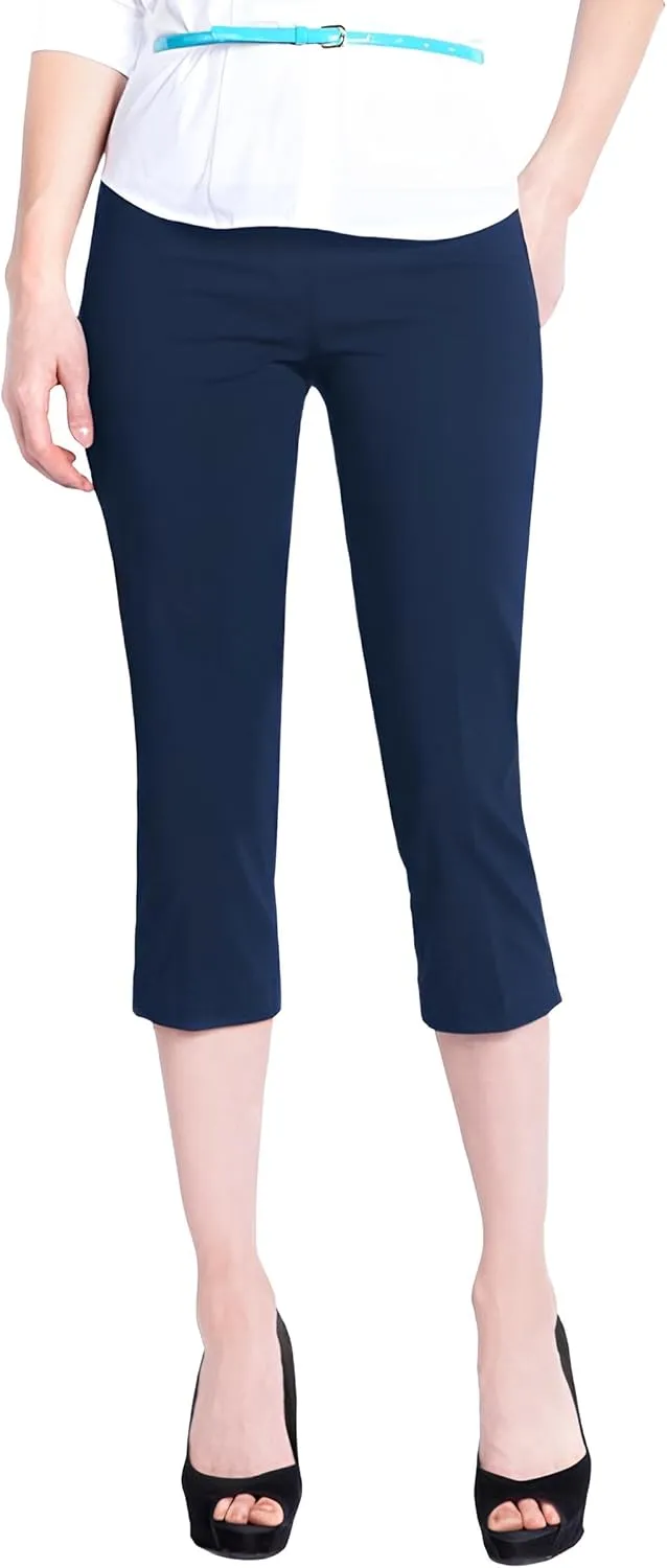 SLIM-SATION Women's Wide Band Pull on Straight Leg Capri with Tummy Control
