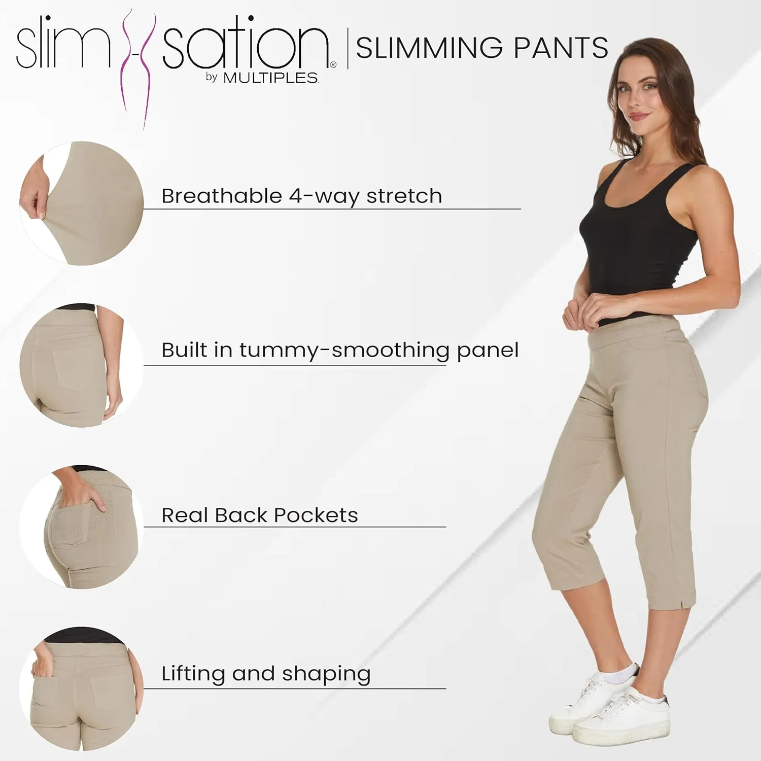 SLIM-SATION Women's Wide Band Pull on Straight Leg Capri with Tummy Control