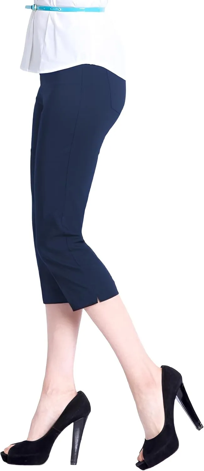 SLIM-SATION Women's Wide Band Pull on Straight Leg Capri with Tummy Control
