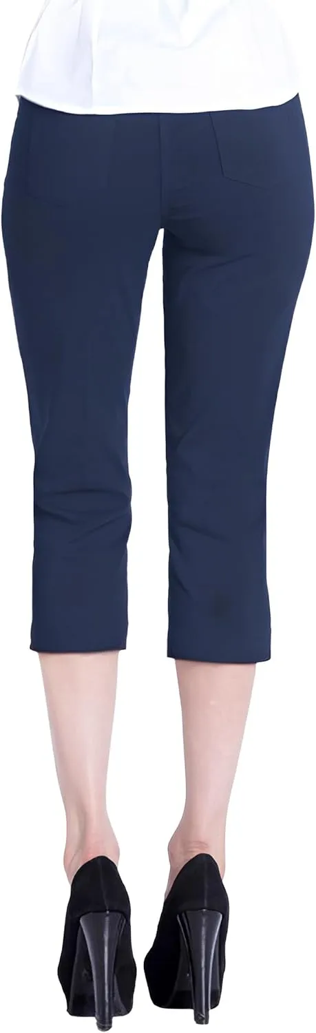 SLIM-SATION Women's Wide Band Pull on Straight Leg Capri with Tummy Control