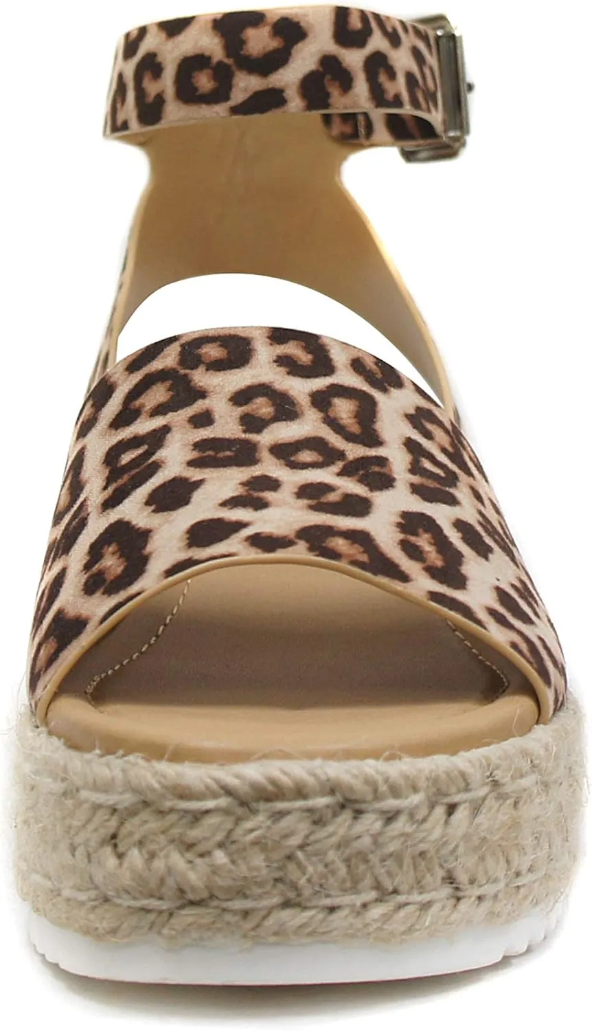 Soda Topic Open Toe Buckle Ankle Strap Espadrilles Flatform Wedge Casual Sandal