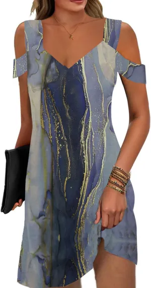 Soesdemo Womens Summer Dress Cold Shoulder V Neck Floral Printed 2025 Fashion Sundress with Pockets