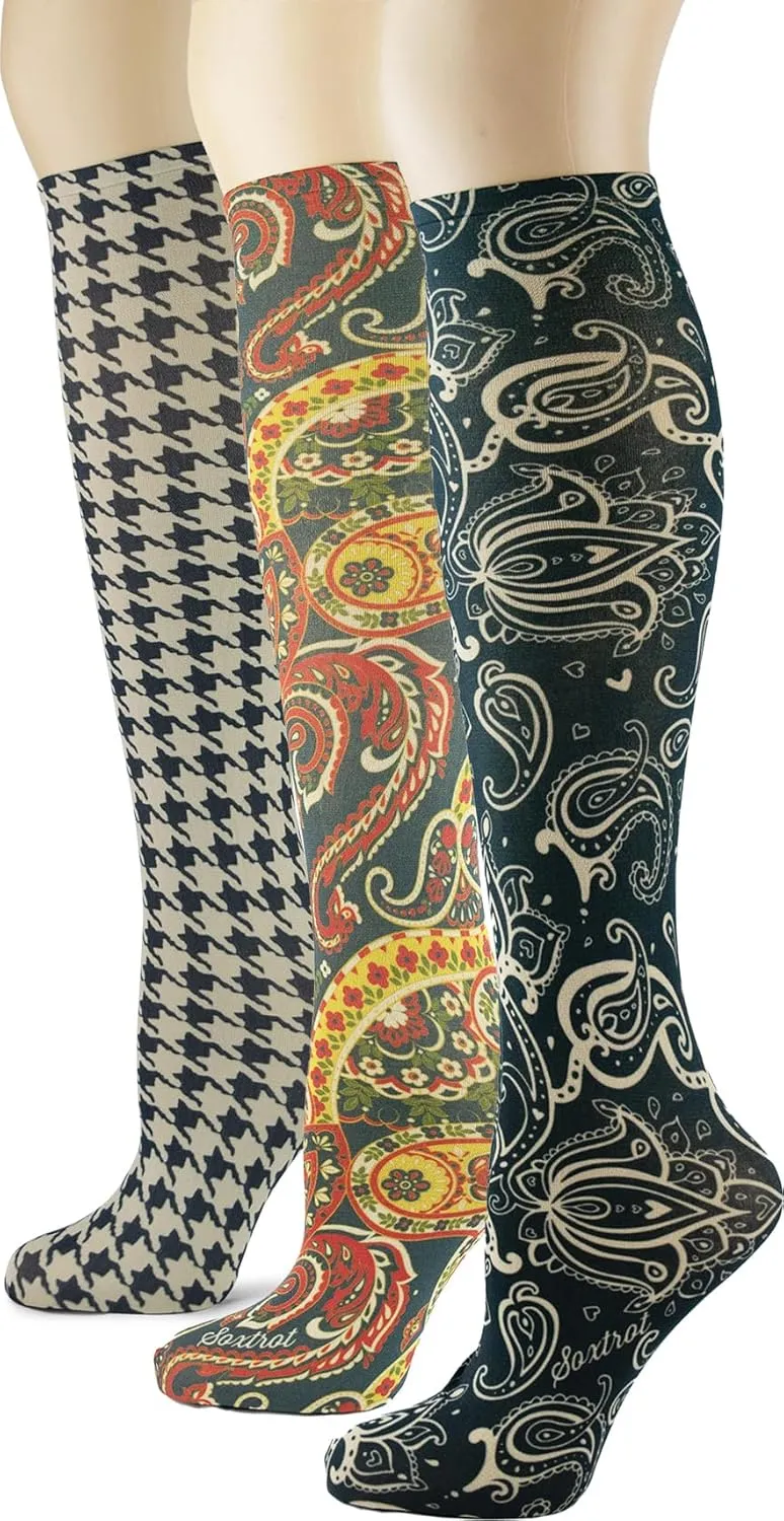 Sox Trot Women's 3 Pairs Knee High Trouser Socks, Classy and Colorful Printed Patterns, Silky Smooth Material