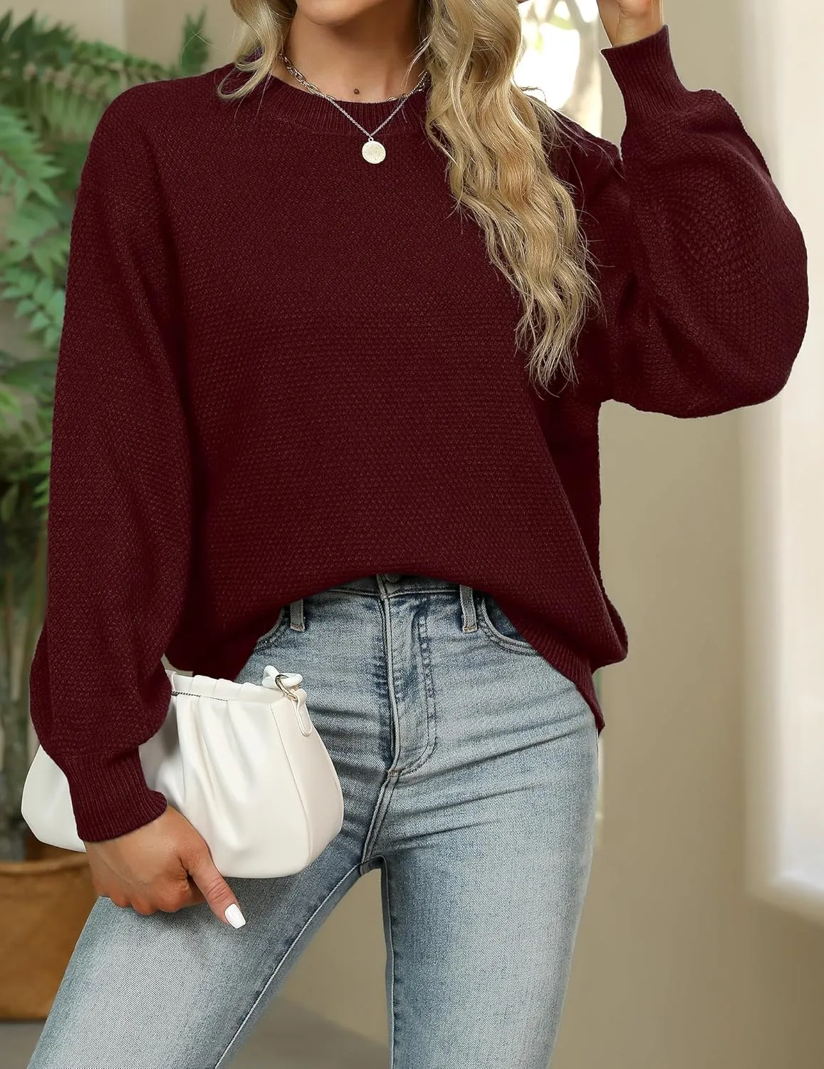 Sucolan Oversized Sweaters for Women Heathered Long Sleeve Crew Neck Pullover Knit Sweater Casual Fall Tops 2024 Fashion