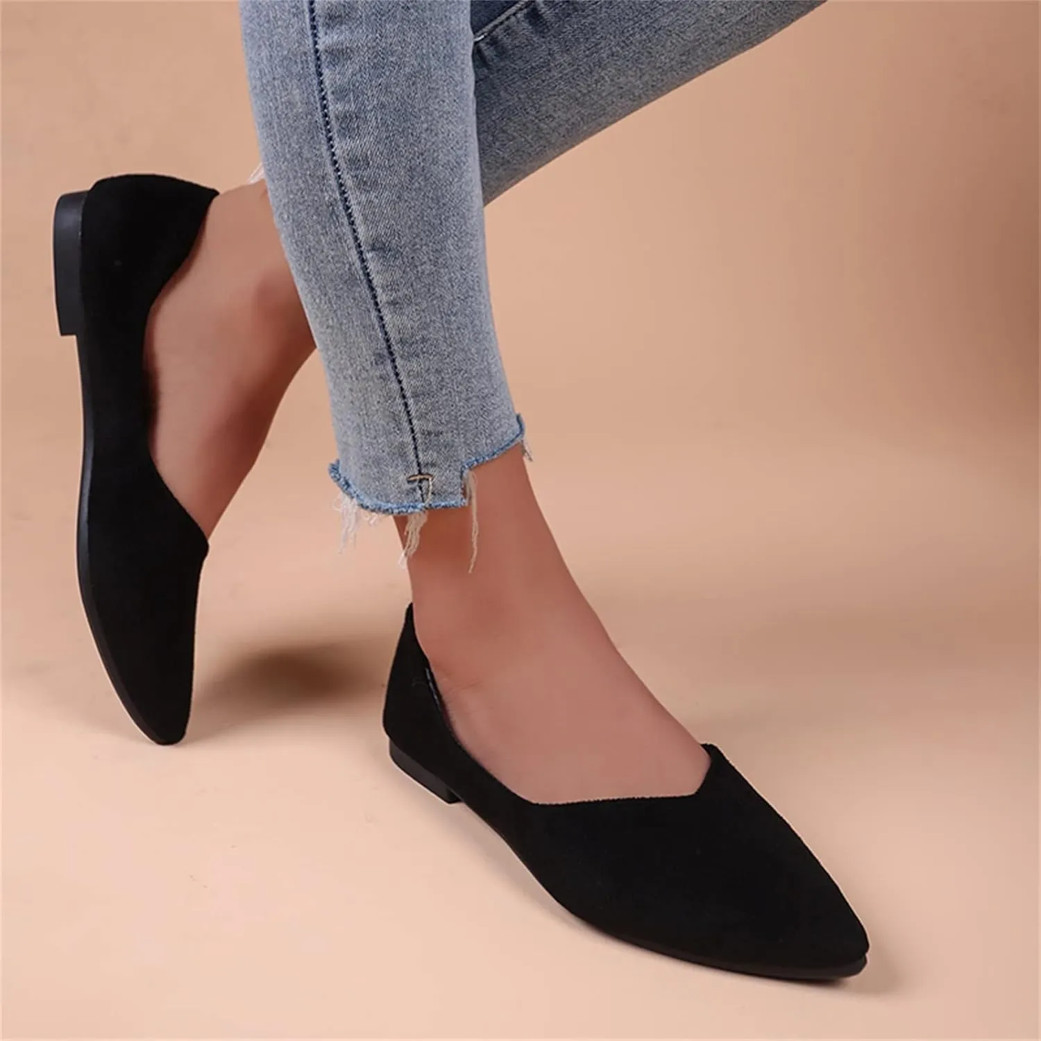 Suede Flat Shoes for Women Comfort Slip On Loafers Pointed Toe Ballet Flats Shoes Casual Dress Shoe Nude Flats