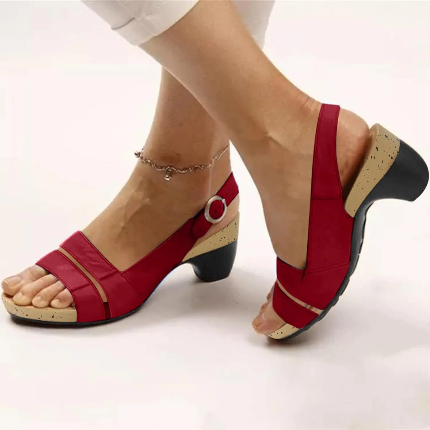 Summer High Heel Sandals Vintage Classic Breathable Lightweight Waterproof Sandal Comfortable Open Toe Non-slip Chunky Heel With Buckle Shoes Wedding Vocation Walking Outdoor Party Shoes