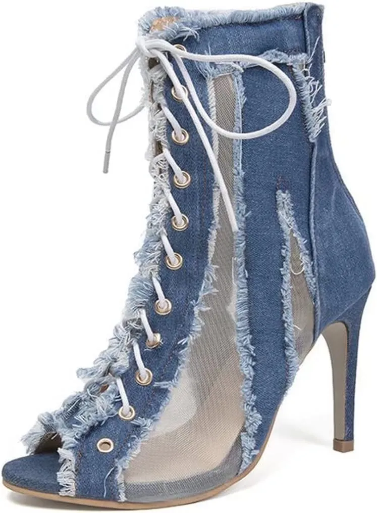 Sunporx Women Stilettos Open Toe Fringe Front Tie Mesh Sheer Denim raw Edge Back zip Stiletto Sandals