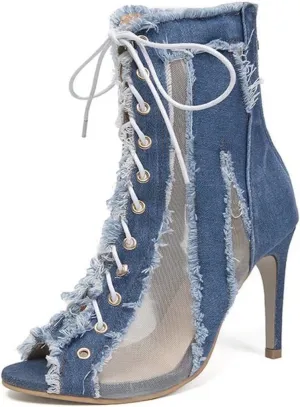 Sunporx Women Stilettos Open Toe Fringe Front Tie Mesh Sheer Denim raw Edge Back zip Stiletto Sandals