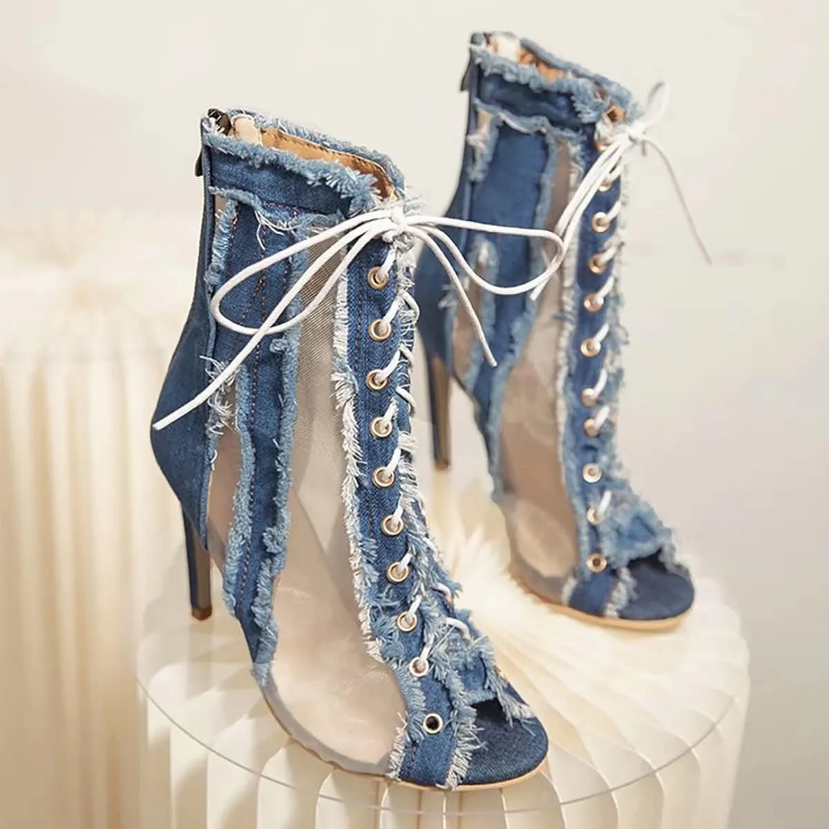 Sunporx Women Stilettos Open Toe Fringe Front Tie Mesh Sheer Denim raw Edge Back zip Stiletto Sandals