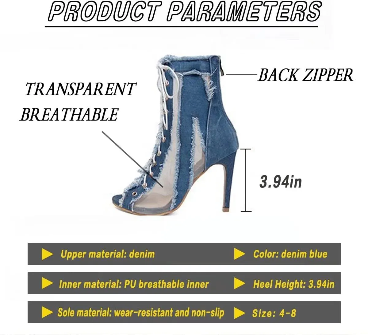 Sunporx Women Stilettos Open Toe Fringe Front Tie Mesh Sheer Denim raw Edge Back zip Stiletto Sandals