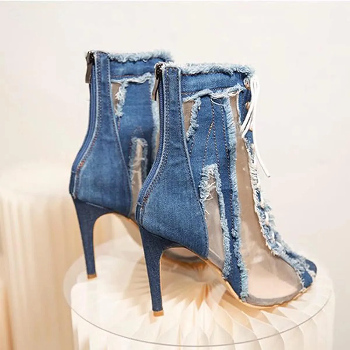 Sunporx Women Stilettos Open Toe Fringe Front Tie Mesh Sheer Denim raw Edge Back zip Stiletto Sandals