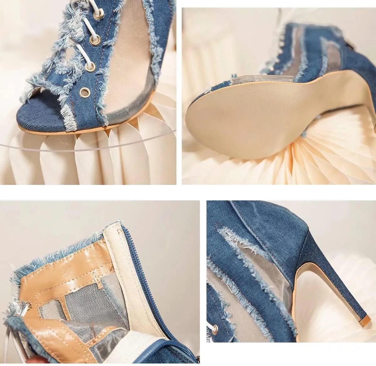 Sunporx Women Stilettos Open Toe Fringe Front Tie Mesh Sheer Denim raw Edge Back zip Stiletto Sandals