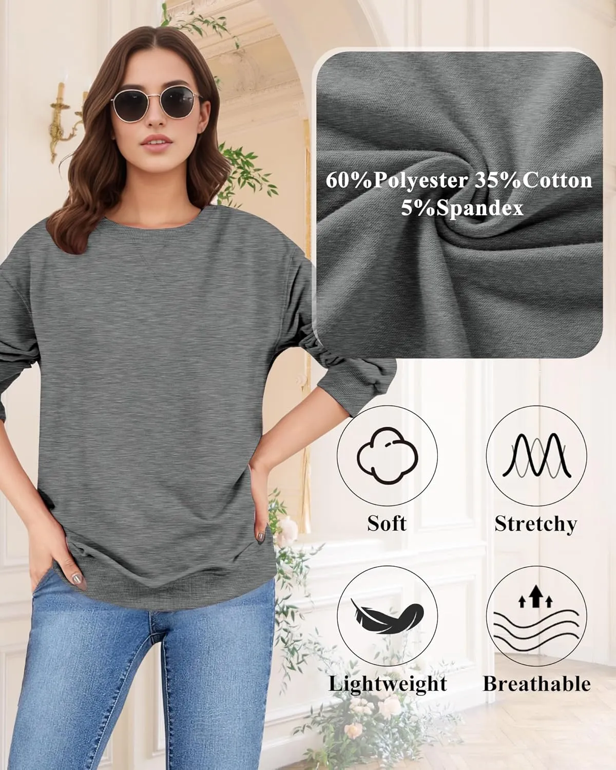 Sweatshirt for Women, Casual Crewneck Sweatshirts Women Loose Fit Long Sleeve Pullover Tops Cute Soft Shirt