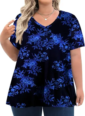 Tencede Womens Plus Size Tops Short Sleeve Tunic Shirts V Neck Summer Floral Loose Fit Blouse XL-5X