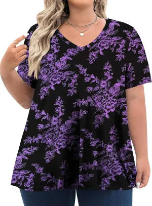Tencede Womens Plus Size Tops Short Sleeve Tunic Shirts V Neck Summer Floral Loose Fit Blouse XL-5X