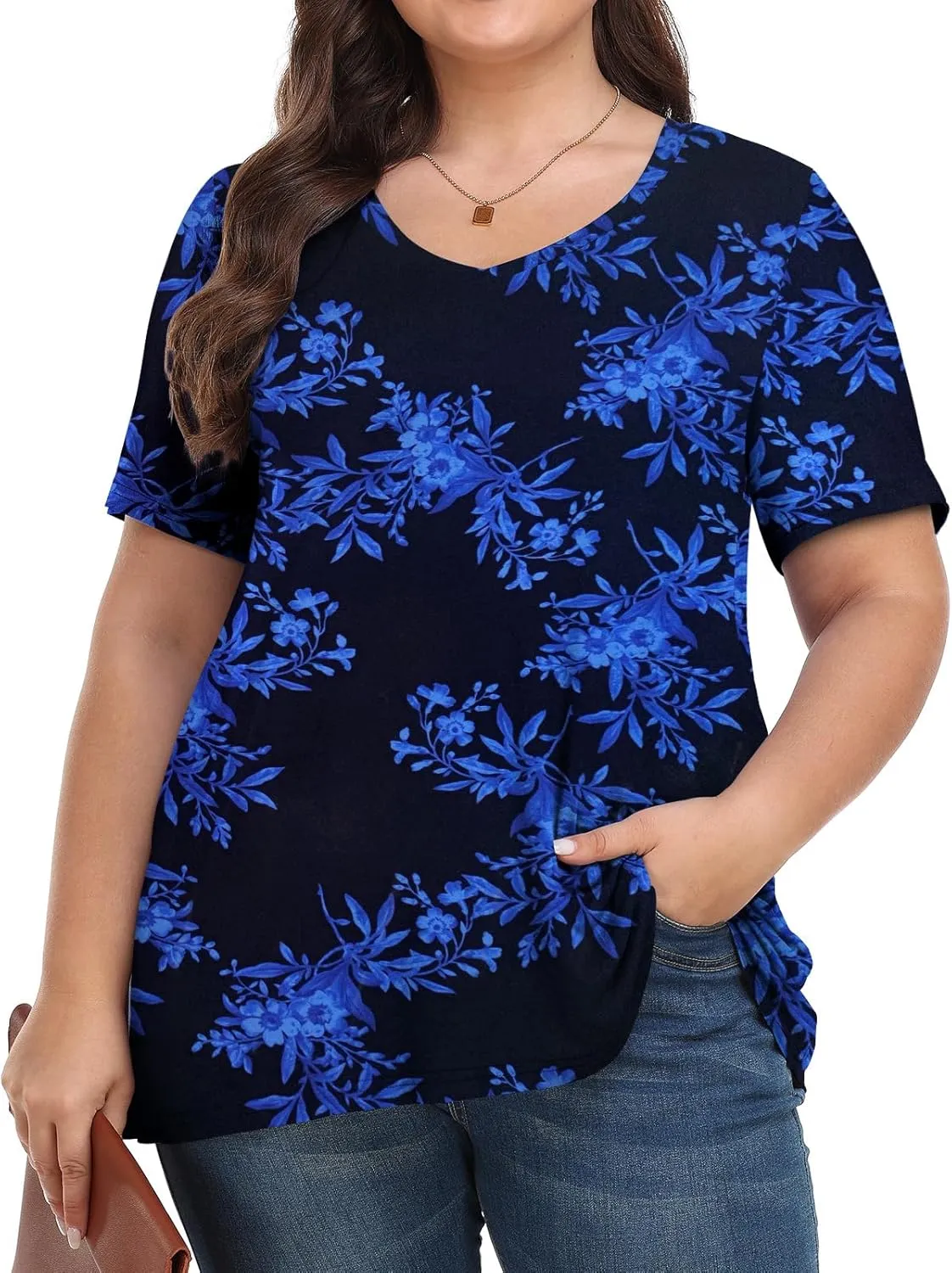 Tencede Womens Plus Size Tops Short Sleeve Tunic Shirts V Neck Summer Floral Loose Fit Blouse XL-5X