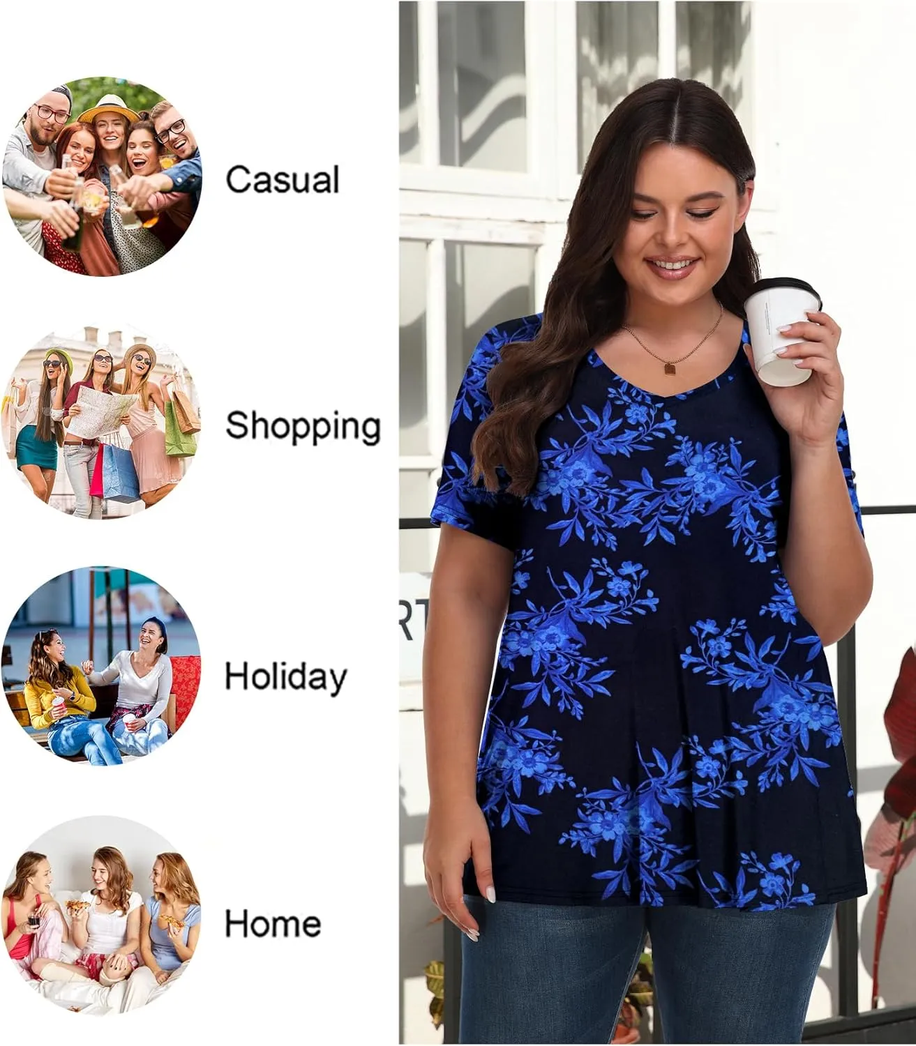 Tencede Womens Plus Size Tops Short Sleeve Tunic Shirts V Neck Summer Floral Loose Fit Blouse XL-5X