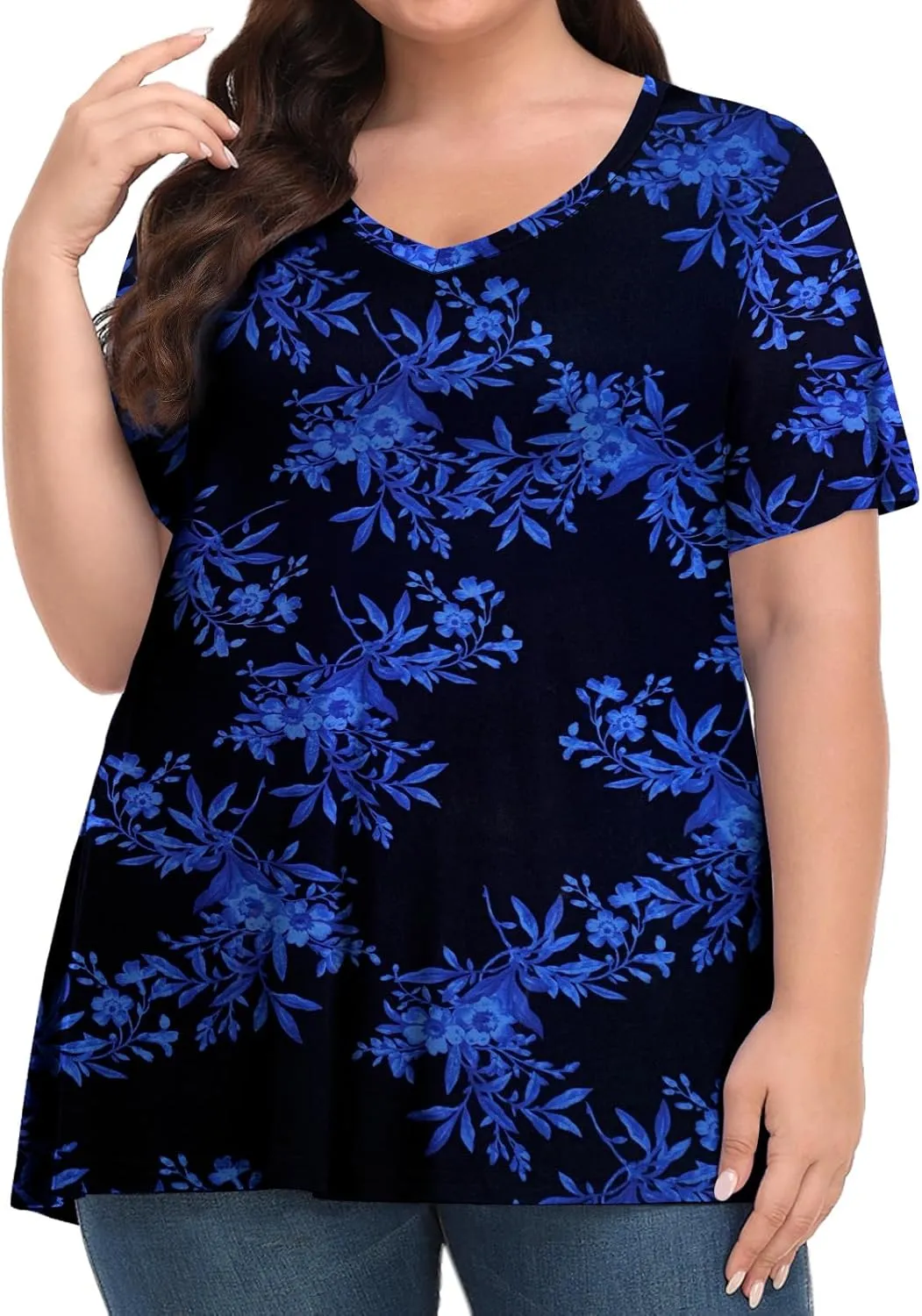 Tencede Womens Plus Size Tops Short Sleeve Tunic Shirts V Neck Summer Floral Loose Fit Blouse XL-5X