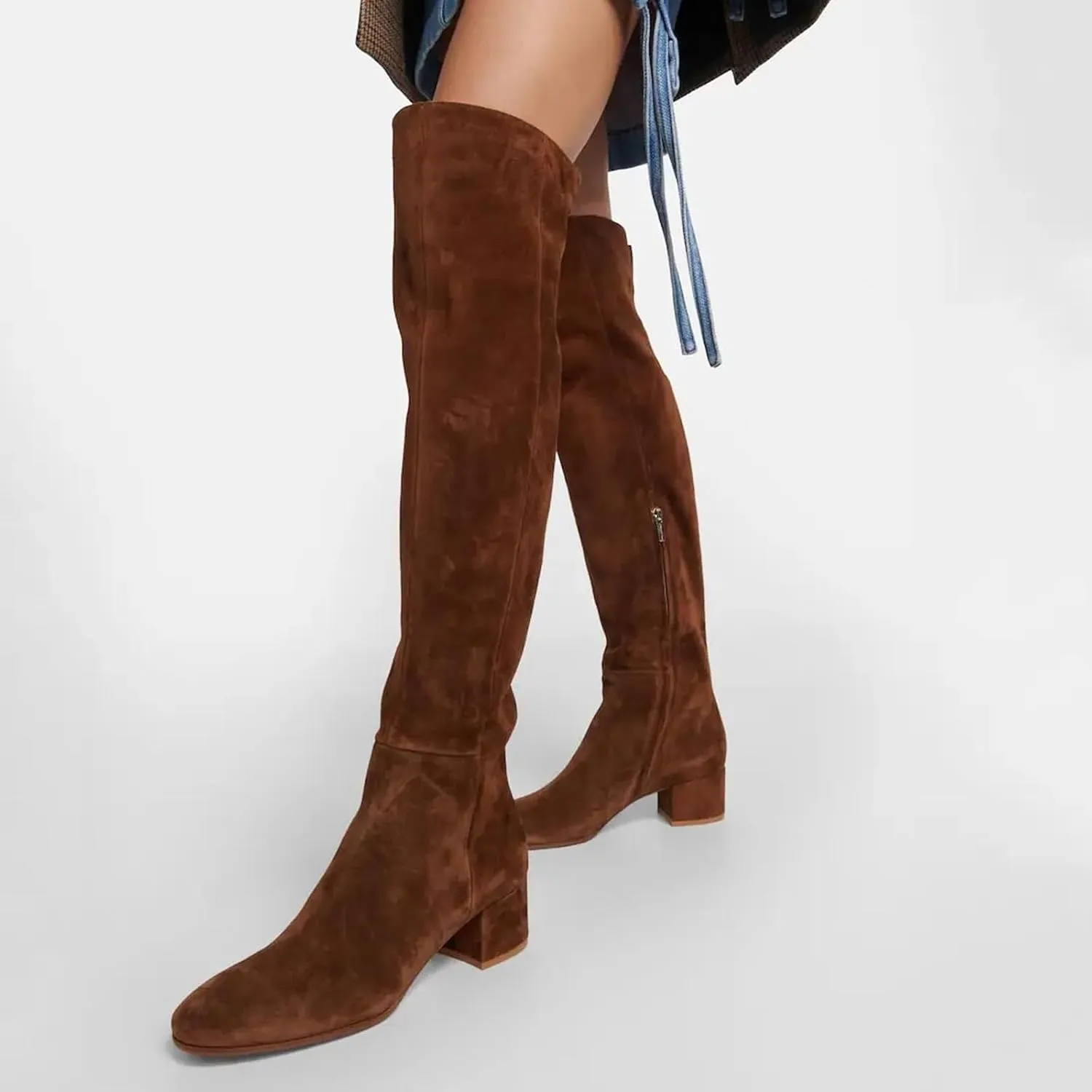 THESHY Women's Suede Over The Knee Boots Round Toe Chunky Heel Thigh High Boot Winter Comfort Wide Calf Tall Bootie Fashion Dress Shoes