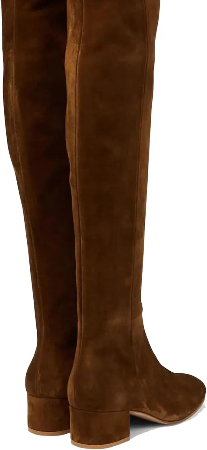 THESHY Women's Suede Over The Knee Boots Round Toe Chunky Heel Thigh High Boot Winter Comfort Wide Calf Tall Bootie Fashion Dress Shoes