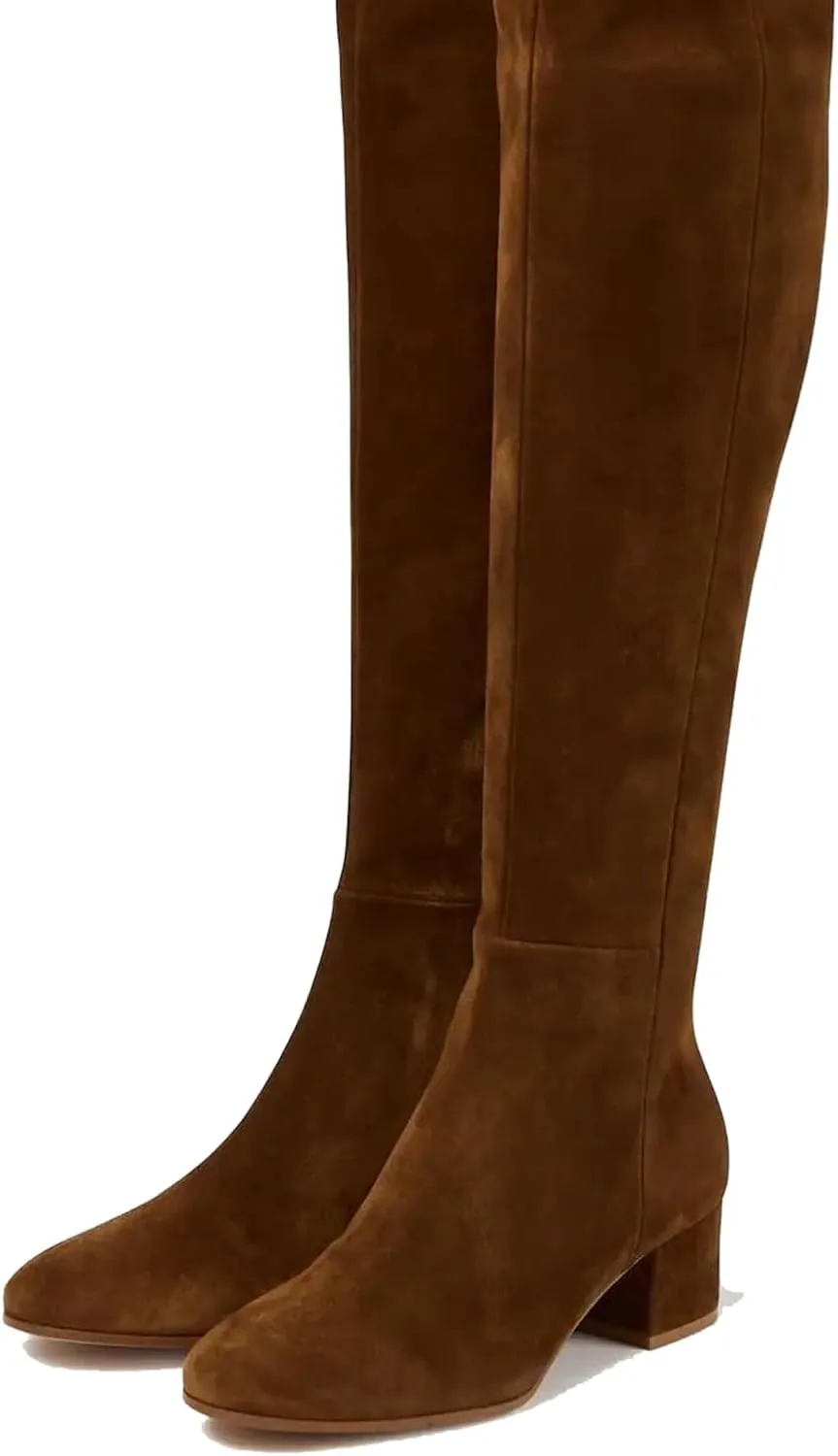 THESHY Women's Suede Over The Knee Boots Round Toe Chunky Heel Thigh High Boot Winter Comfort Wide Calf Tall Bootie Fashion Dress Shoes