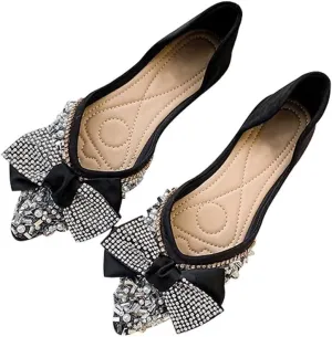 TN TANGNEST Womens Bowknot Ballet Pointed Toe Shiny Dress Shoes Cute Slip On Loafers Comfortable Wedding Flats