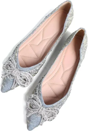 TN TANGNEST Womens Bowknot Ballet Pointed Toe Shiny Dress Shoes Cute Slip On Loafers Comfortable Wedding Flats