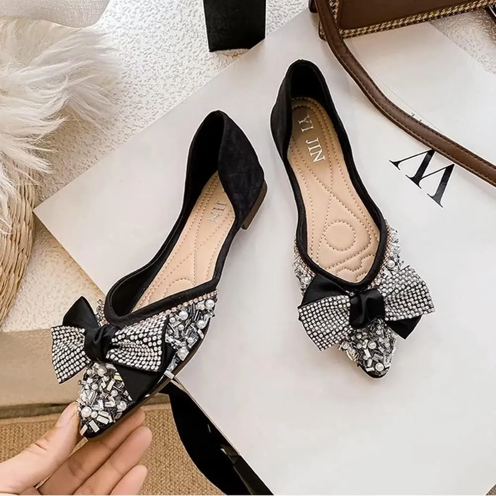 TN TANGNEST Womens Bowknot Ballet Pointed Toe Shiny Dress Shoes Cute Slip On Loafers Comfortable Wedding Flats