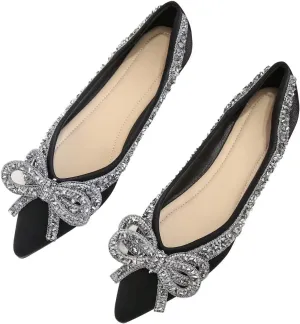 TN TANGNEST Womens Bowknot Ballet Pointed Toe Shiny Dress Shoes Cute Slip On Loafers Comfortable Wedding Flats