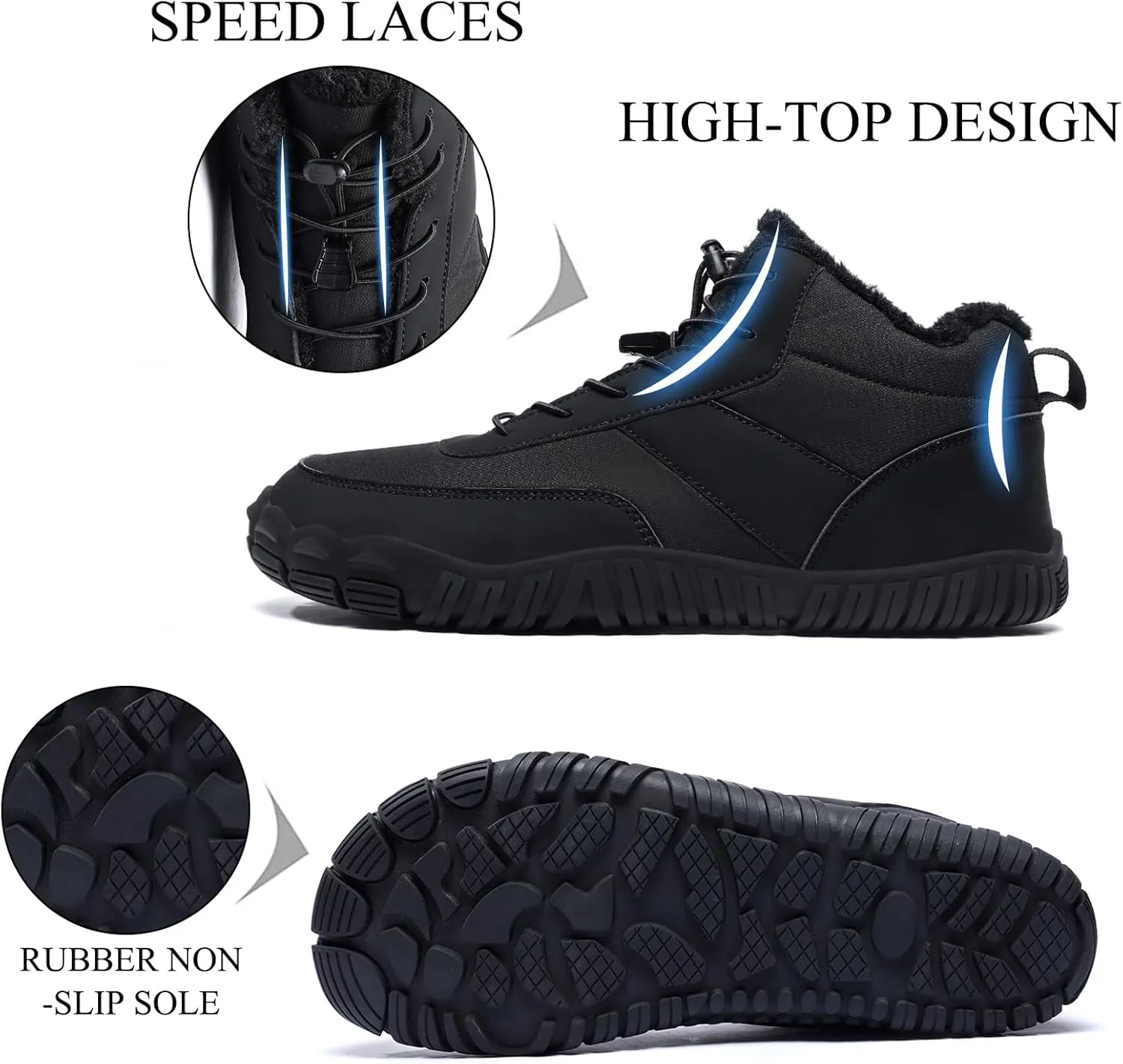Tongzone Men's Wide Toe Box Barefoot Shoes Fur Lined Minimalist Zero Drop Sole Walking shoes Winter