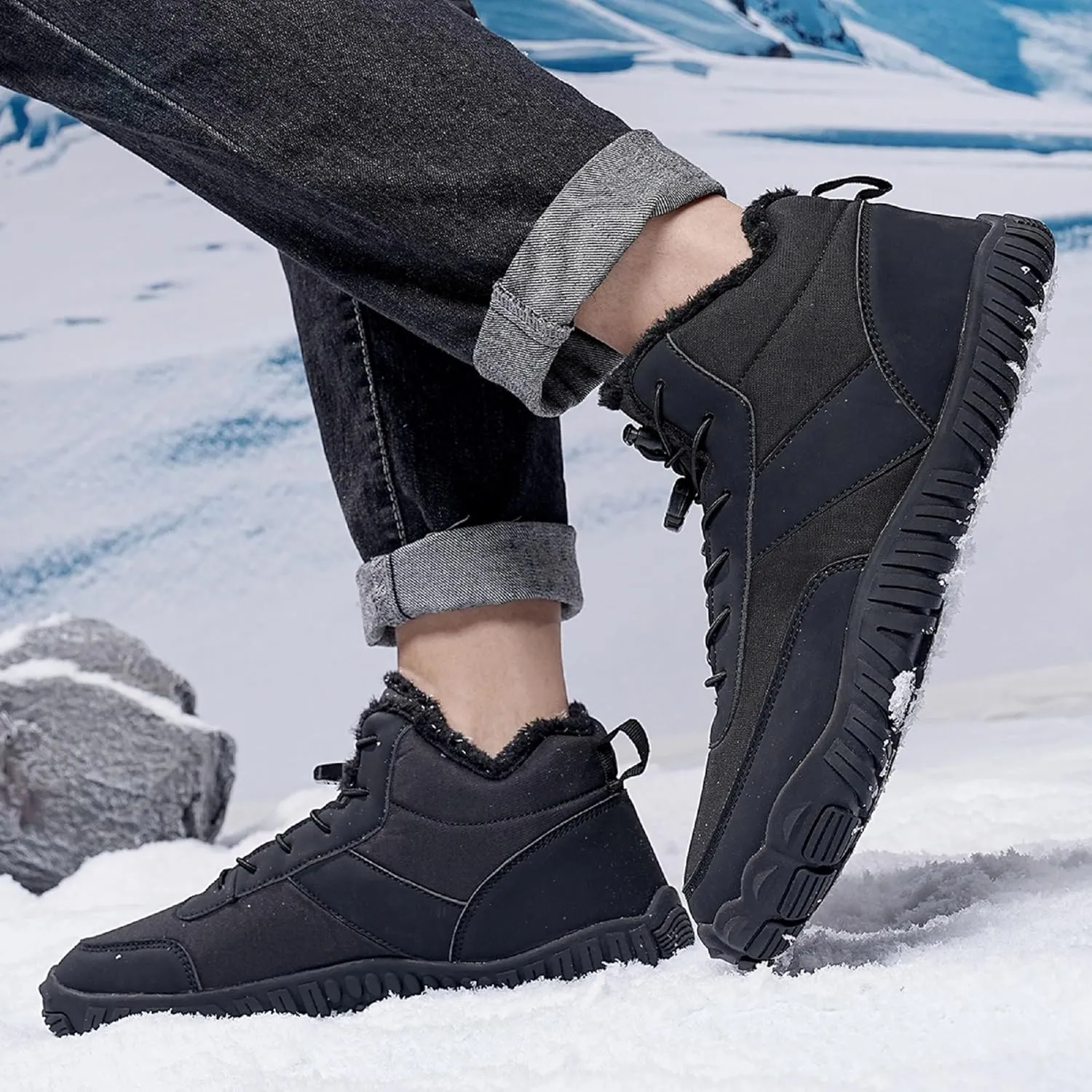 Tongzone Men's Wide Toe Box Barefoot Shoes Fur Lined Minimalist Zero Drop Sole Walking shoes Winter