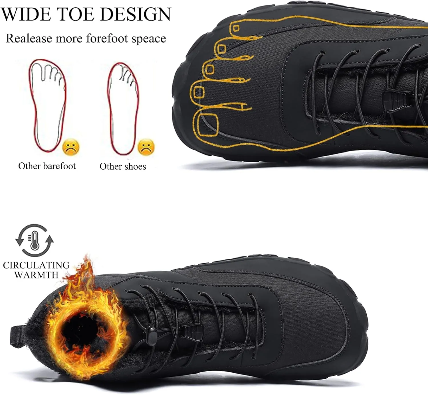Tongzone Men's Wide Toe Box Barefoot Shoes Fur Lined Minimalist Zero Drop Sole Walking shoes Winter